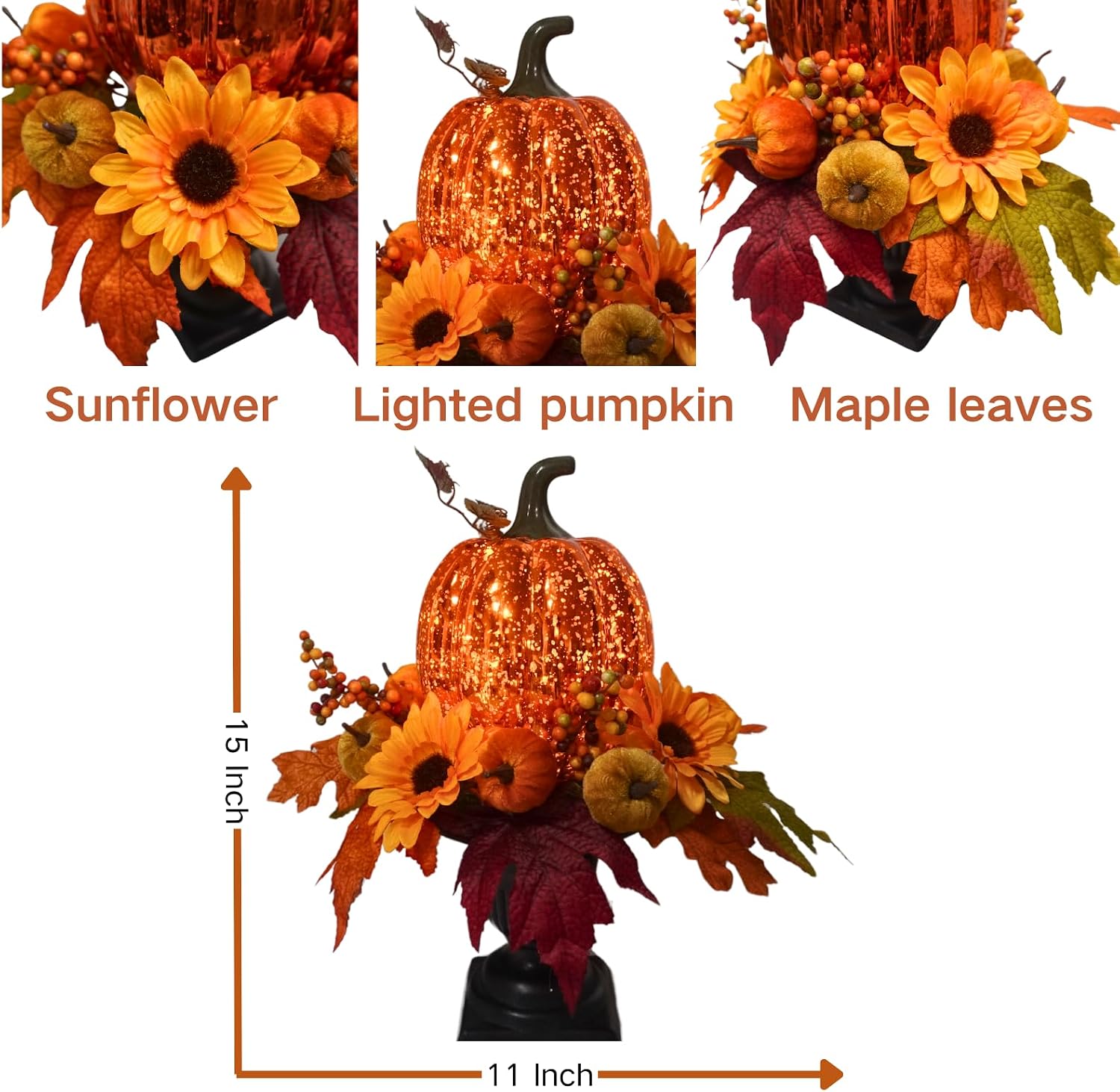 15 Inch Lighted Fall Pumpkin Arrangement with Pumpkin, Daisies, additional listing view 3