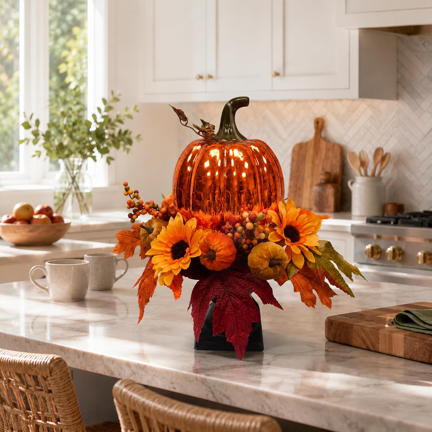 15 Inch Lighted Fall Pumpkin Arrangement with Pumpkin, Daisies, additional listing view 4