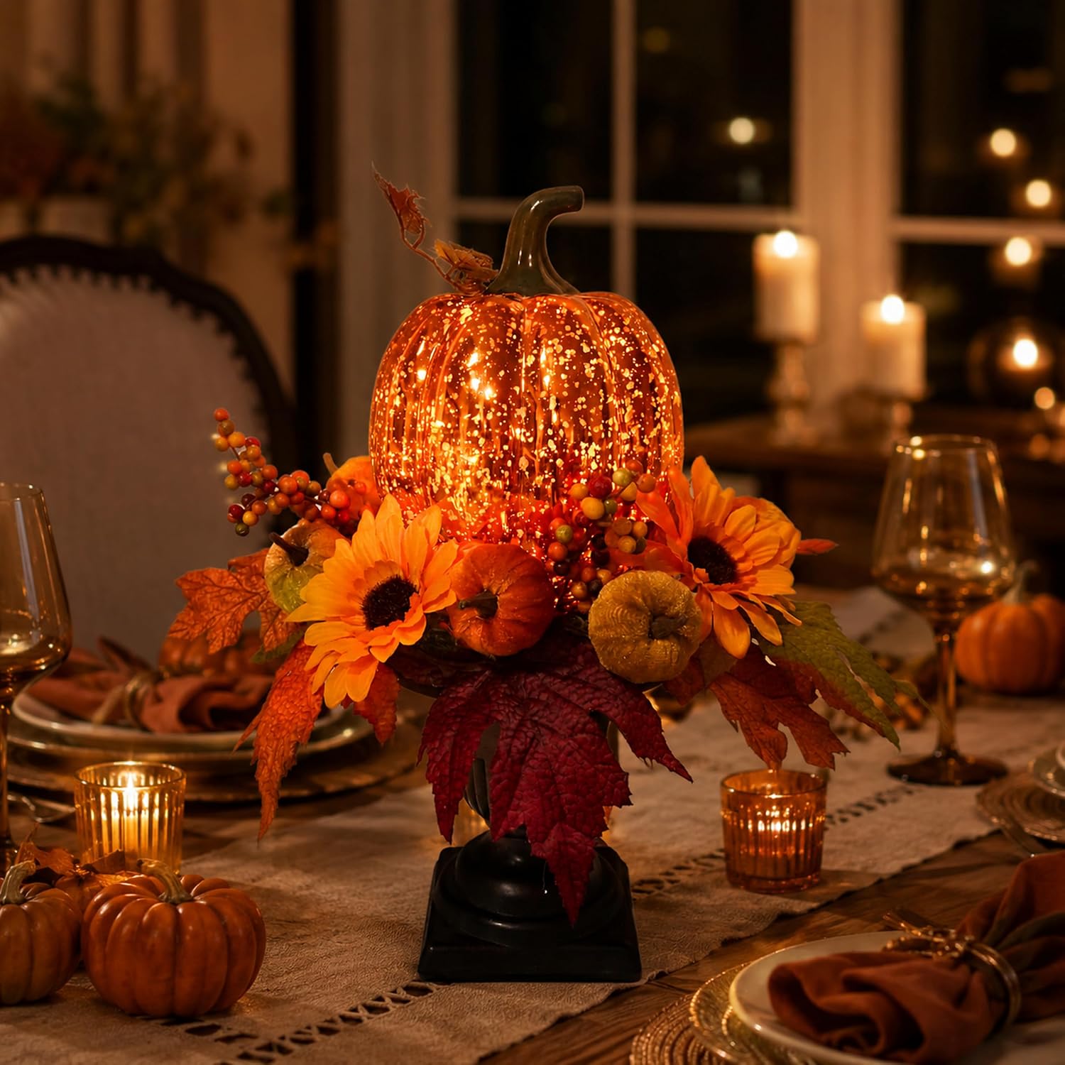 15 Inch Lighted Fall Pumpkin Arrangement with Pumpkin, Daisies, additional listing view 5