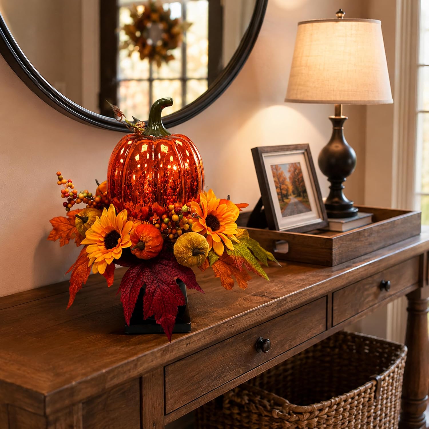 15 Inch Lighted Fall Pumpkin Arrangement with Pumpkin, Daisies, additional listing view 6