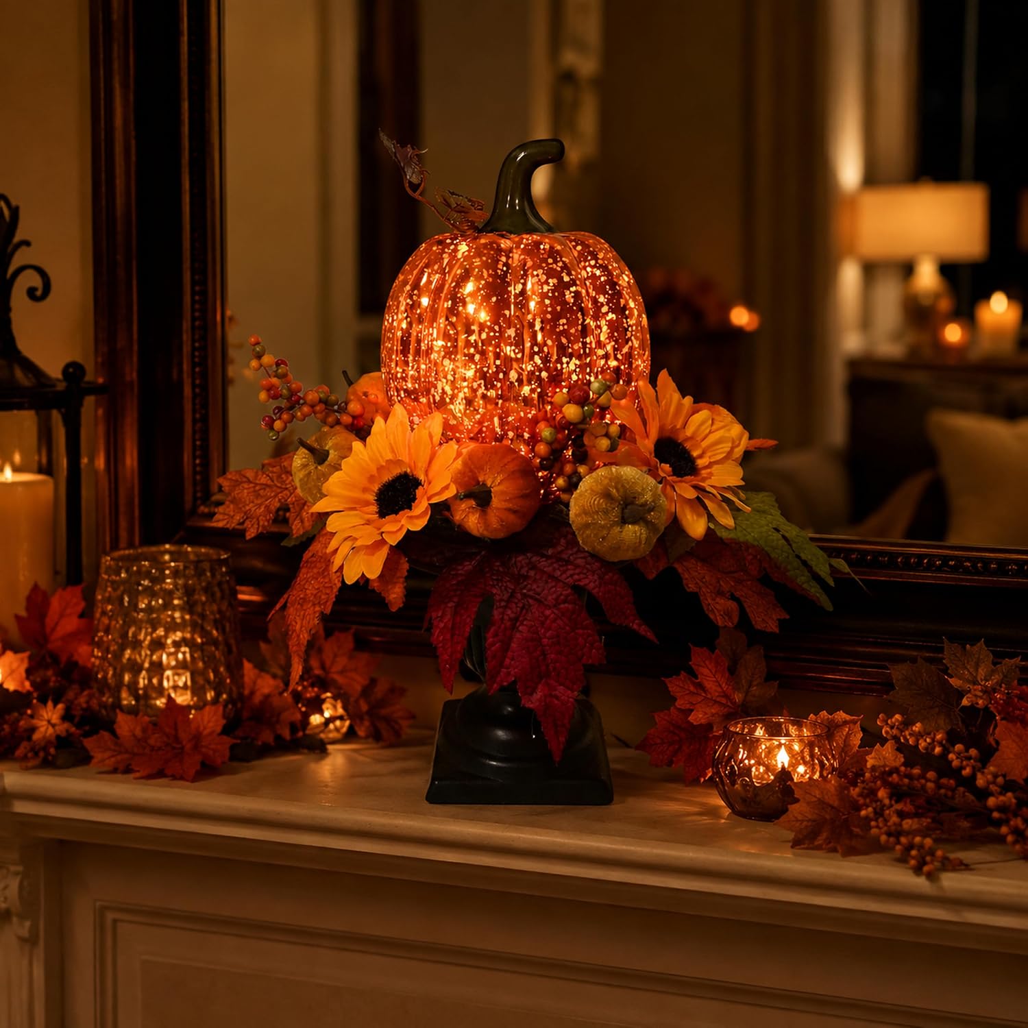 15 Inch Lighted Fall Pumpkin Arrangement with Pumpkin, Daisies, additional listing view 7