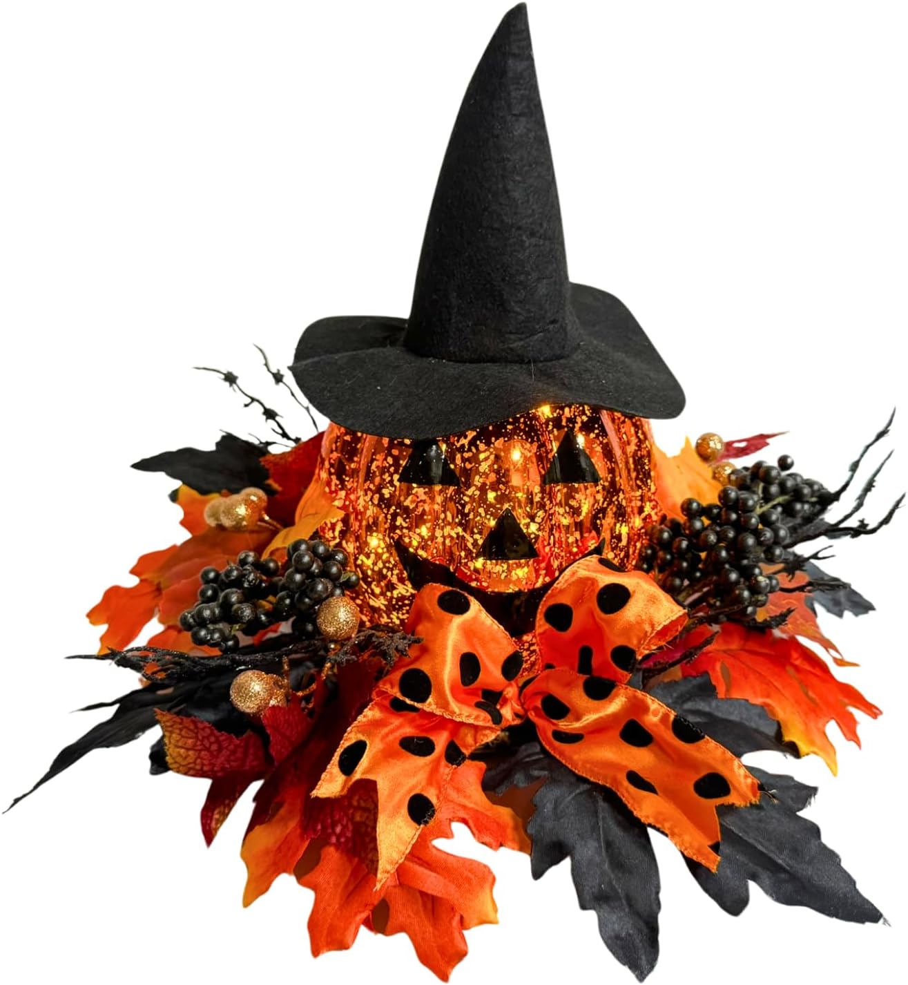 15 Inch Lighted Halloween Pumpkin Decor with Witch Hat and Bow, main product view