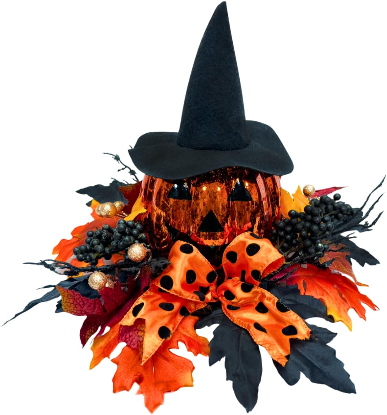 15 Inch Lighted Halloween Pumpkin Decor with Witch Hat and Bow, additional listing view 2