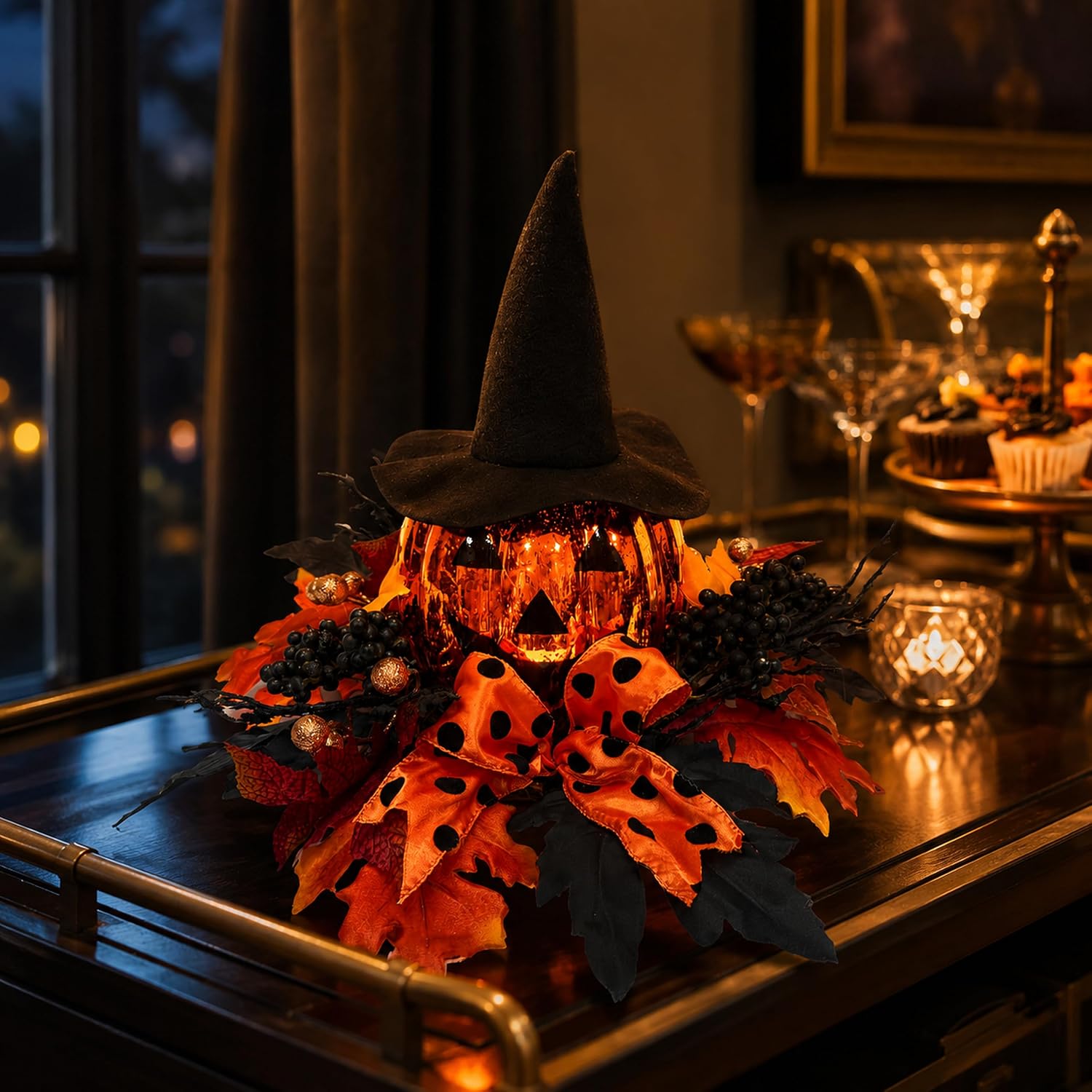15 Inch Lighted Halloween Pumpkin Decor with Witch Hat and Bow, additional listing view 3