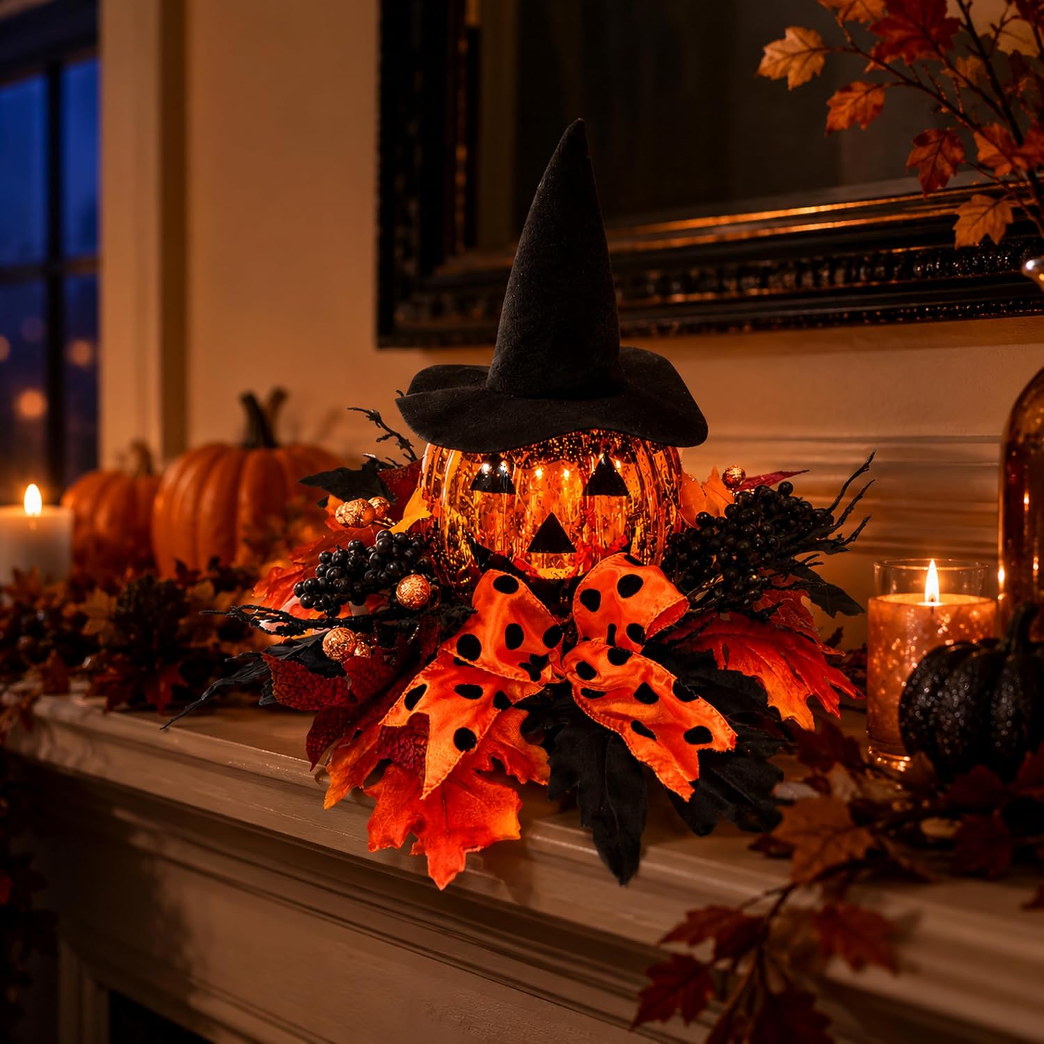 15 Inch Lighted Halloween Pumpkin Decor with Witch Hat and Bow, additional listing view 4