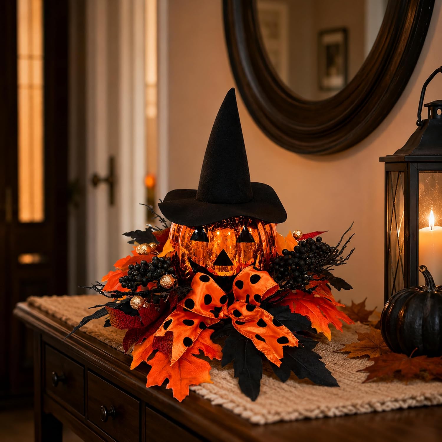 15 Inch Lighted Halloween Pumpkin Decor with Witch Hat and Bow, additional listing view 5