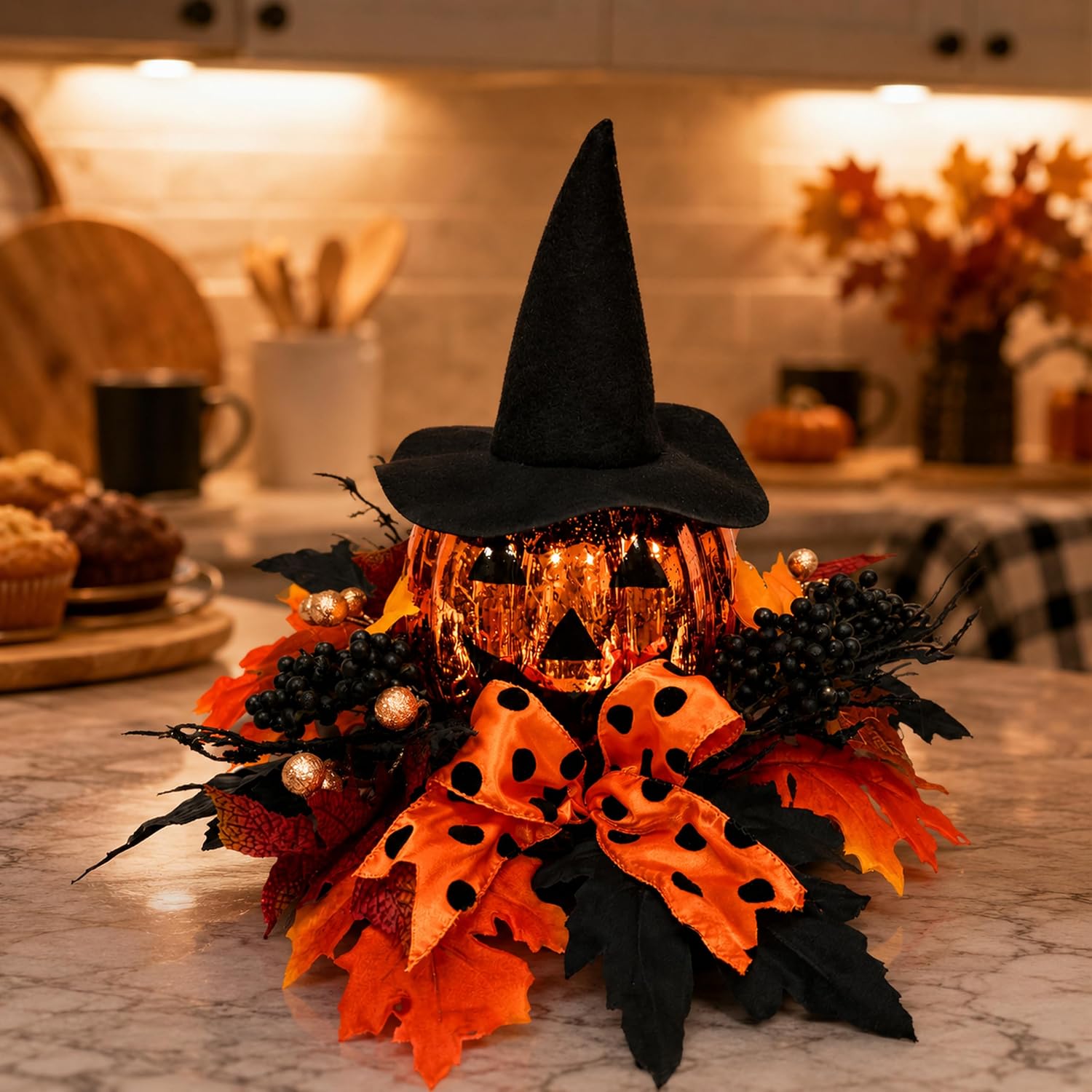15 Inch Lighted Halloween Pumpkin Decor with Witch Hat and Bow, additional listing view 6