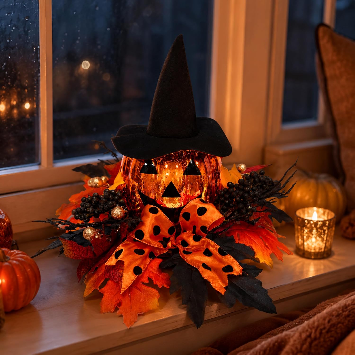 15 Inch Lighted Halloween Pumpkin Decor with Witch Hat and Bow, additional listing view 7