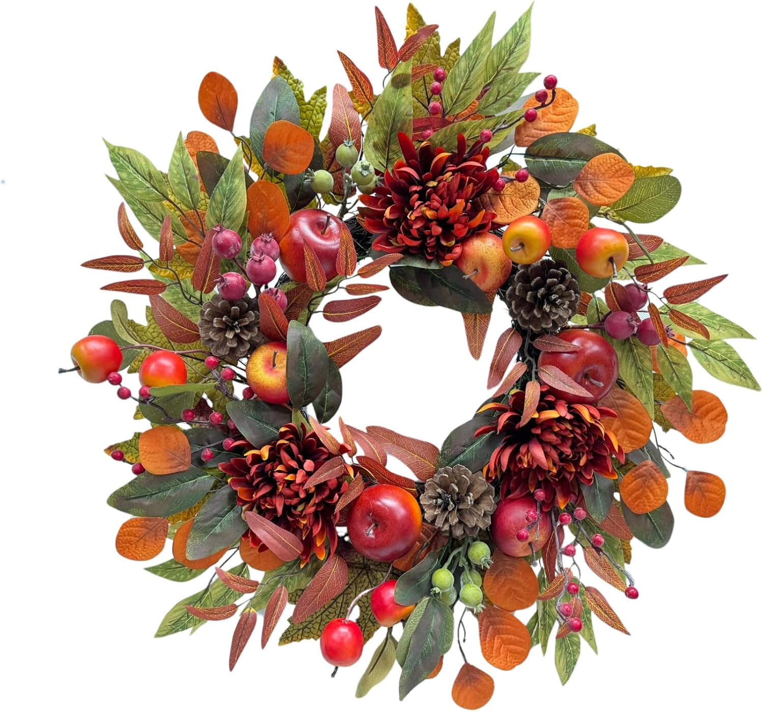 22 Inch Fall Front Door Wreath with Faux Apples, Pinecones and Mums, main product view