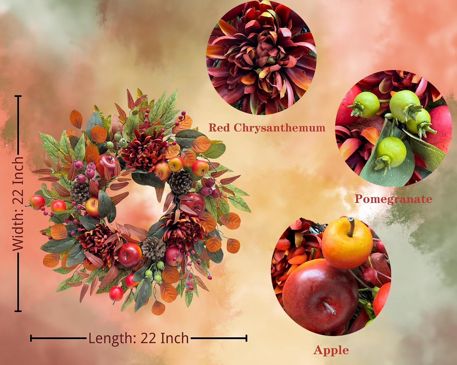 22 Inch Fall Front Door Wreath with Faux Apples, Pinecones and Mums, additional listing view 2