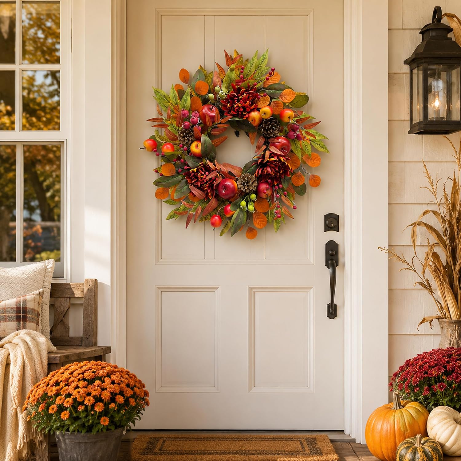 22 Inch Fall Front Door Wreath with Faux Apples, Pinecones and Mums, additional listing view 3