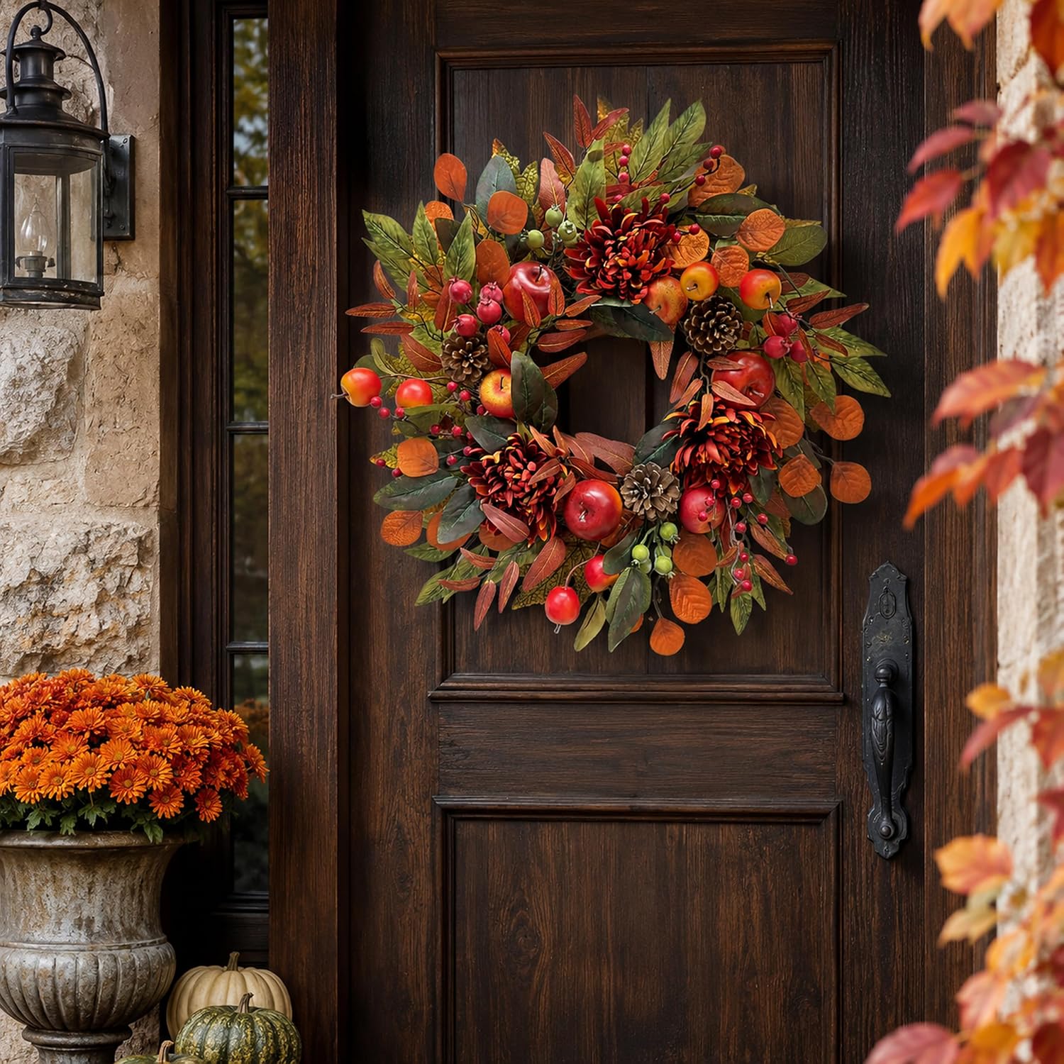 22 Inch Fall Front Door Wreath with Faux Apples, Pinecones and Mums, additional listing view 4