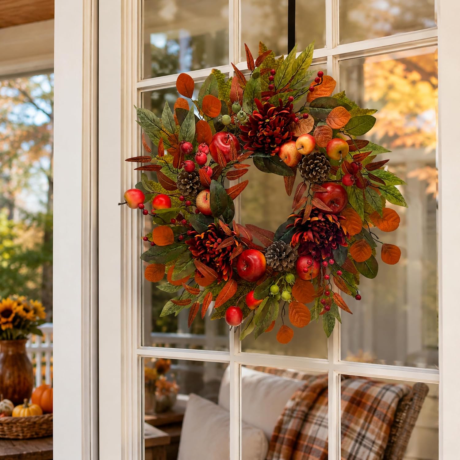 22 Inch Fall Front Door Wreath with Faux Apples, Pinecones and Mums, additional listing view 5