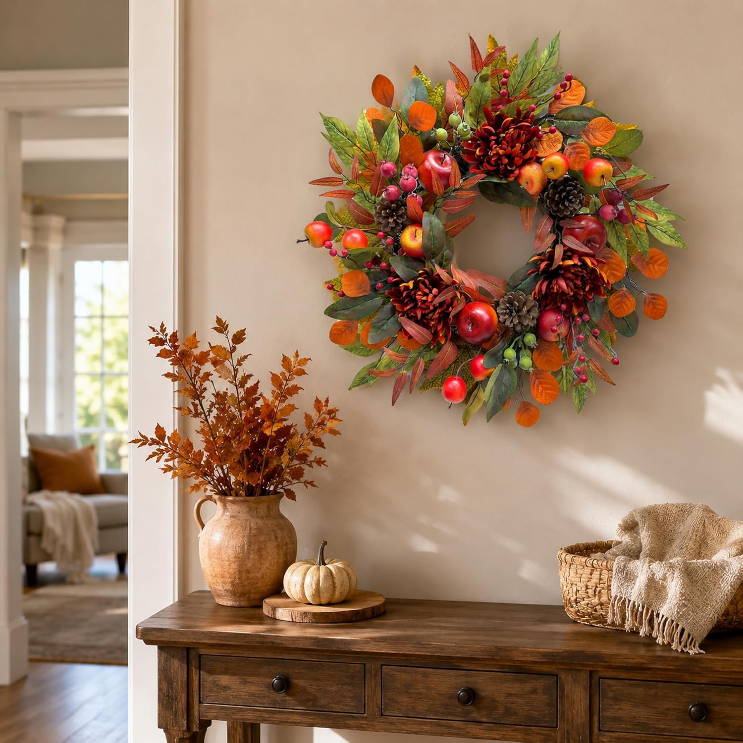 22 Inch Fall Front Door Wreath with Faux Apples, Pinecones and Mums, additional listing view 6