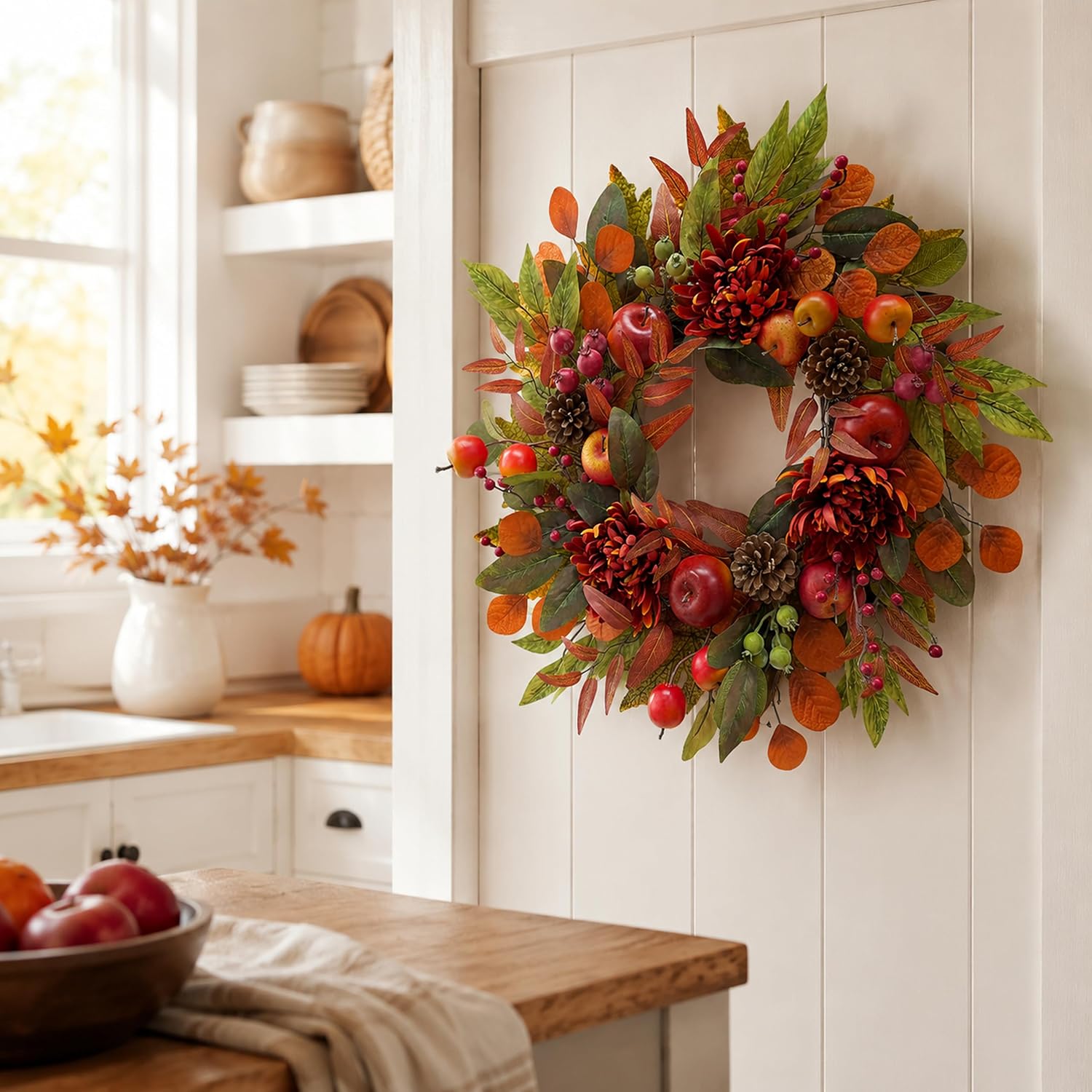 22 Inch Fall Front Door Wreath with Faux Apples, Pinecones and Mums, additional listing view 7