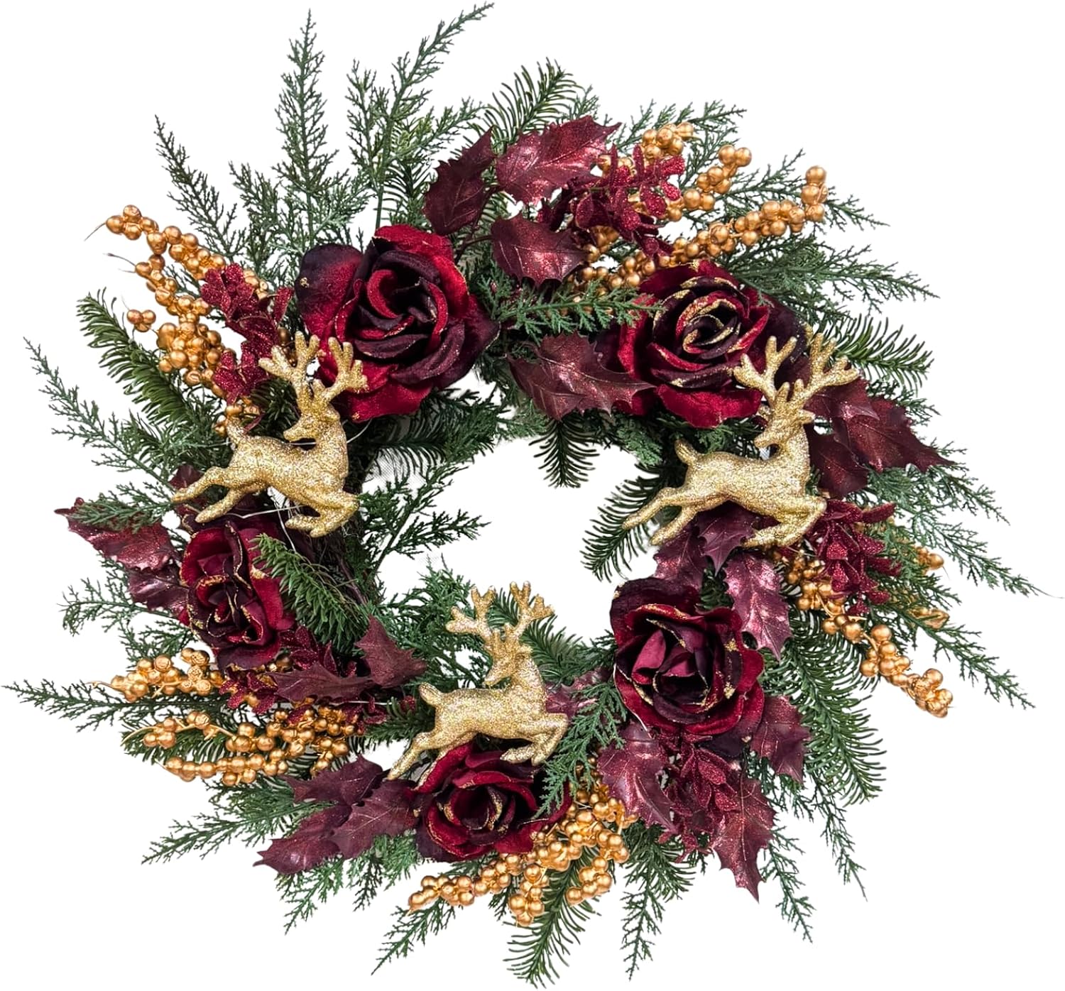 22 Inch Lighted Burgundy Christmas Wreath with Timer and Reindeer, main product view