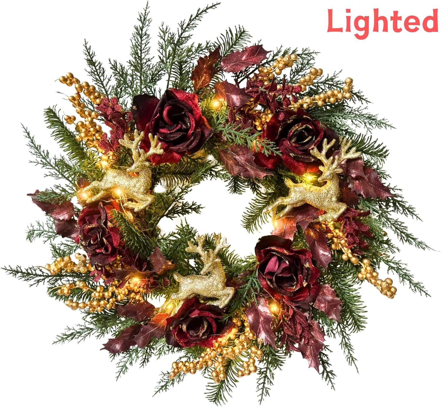 22 Inch Lighted Burgundy Christmas Wreath with Timer and Reindeer, additional listing view 2