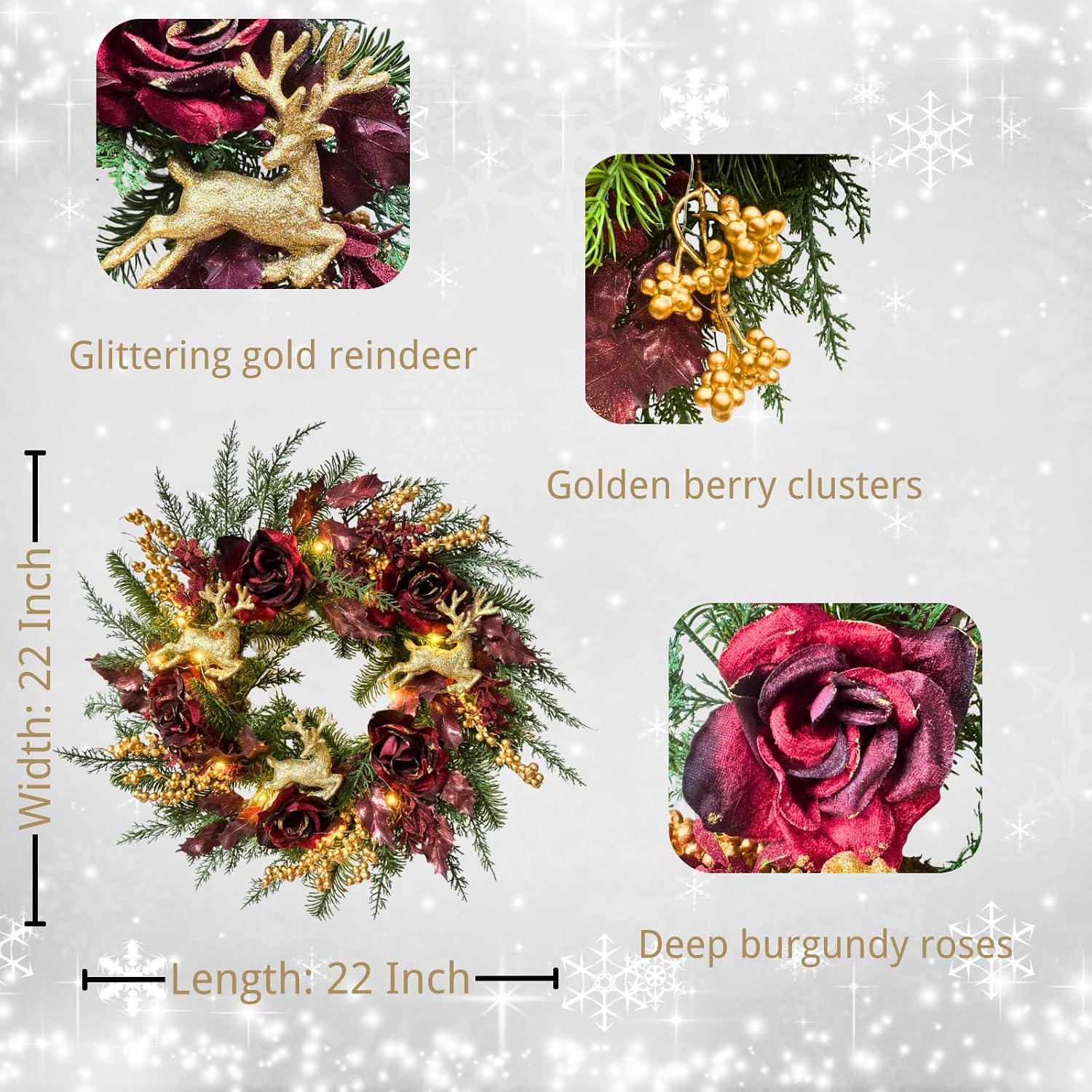 22 Inch Lighted Burgundy Christmas Wreath with Timer and Reindeer, additional listing view 3