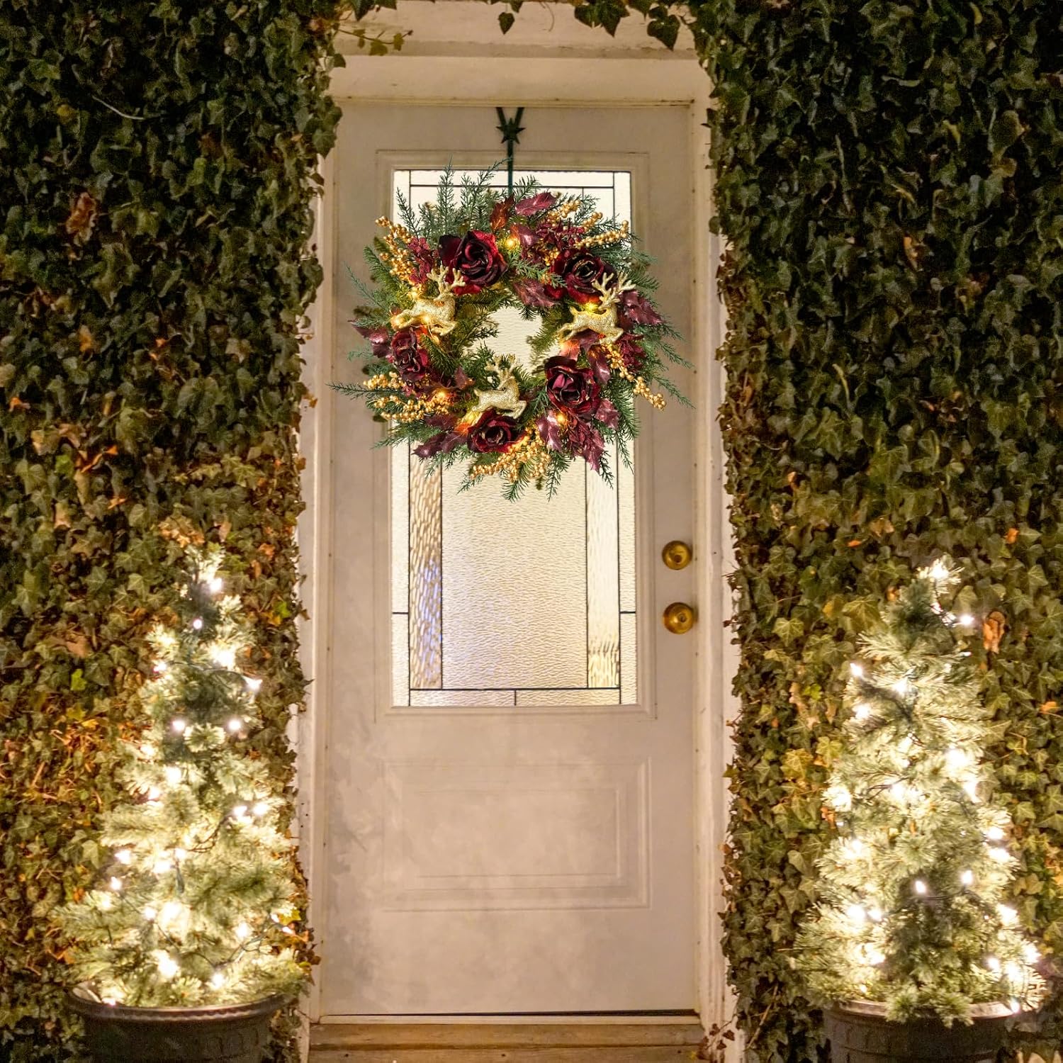 22 Inch Lighted Burgundy Christmas Wreath with Timer and Reindeer, additional listing view 4