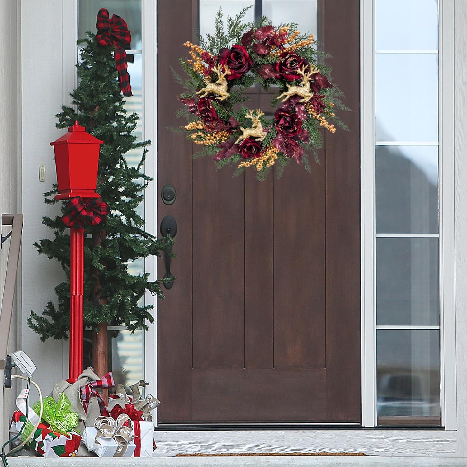 22 Inch Lighted Burgundy Christmas Wreath with Timer and Reindeer, additional listing view 5
