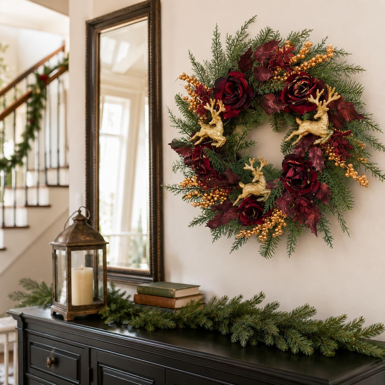 22 Inch Lighted Burgundy Christmas Wreath with Timer and Reindeer, additional listing view 6