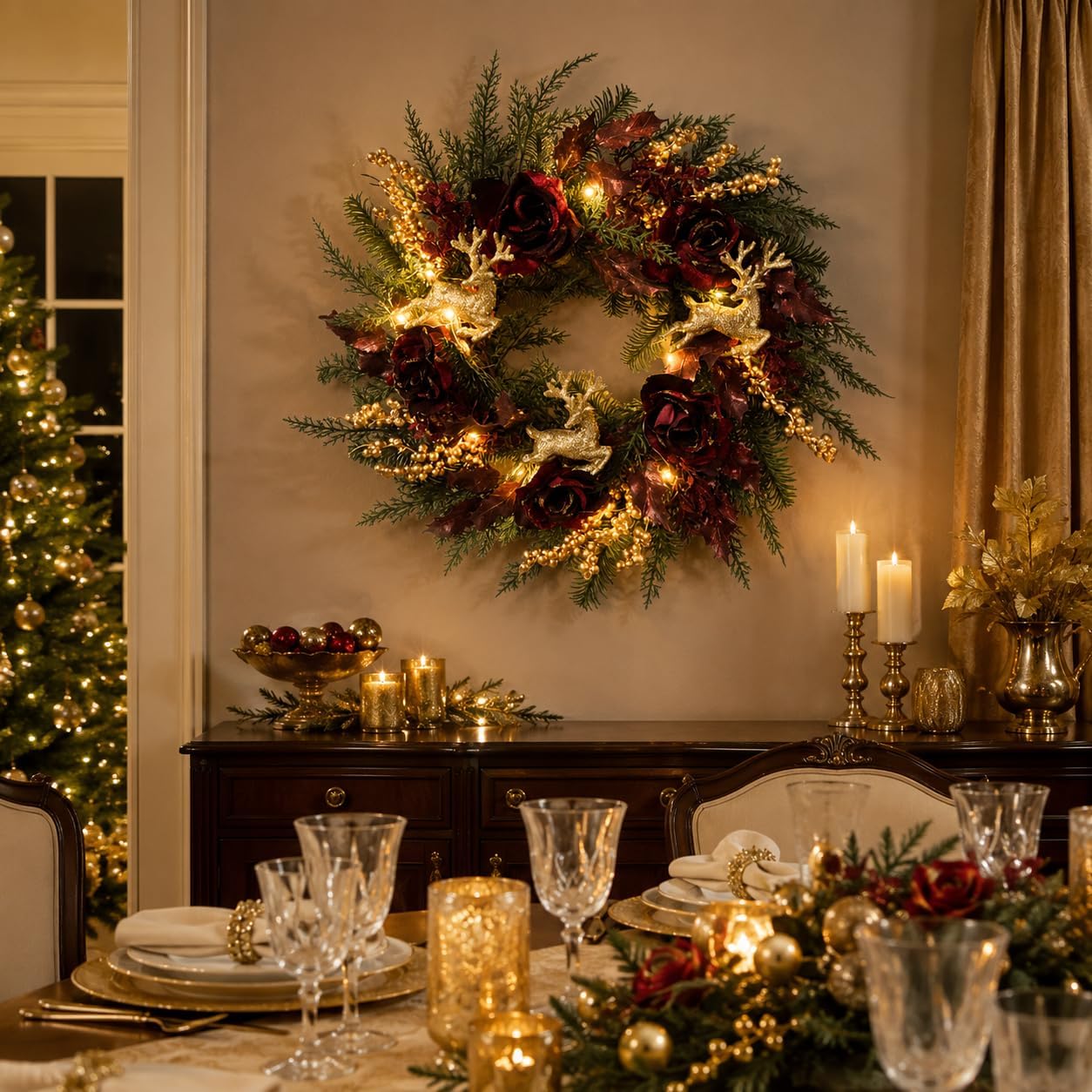 22 Inch Lighted Burgundy Christmas Wreath with Timer and Reindeer, additional listing view 7