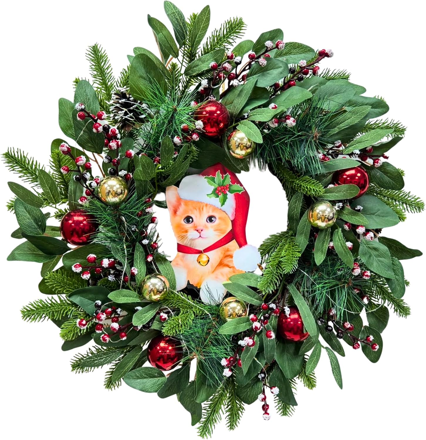 22 Inch Lighted Christmas Cat Wreath with Timer and Flashing Lights, main product view