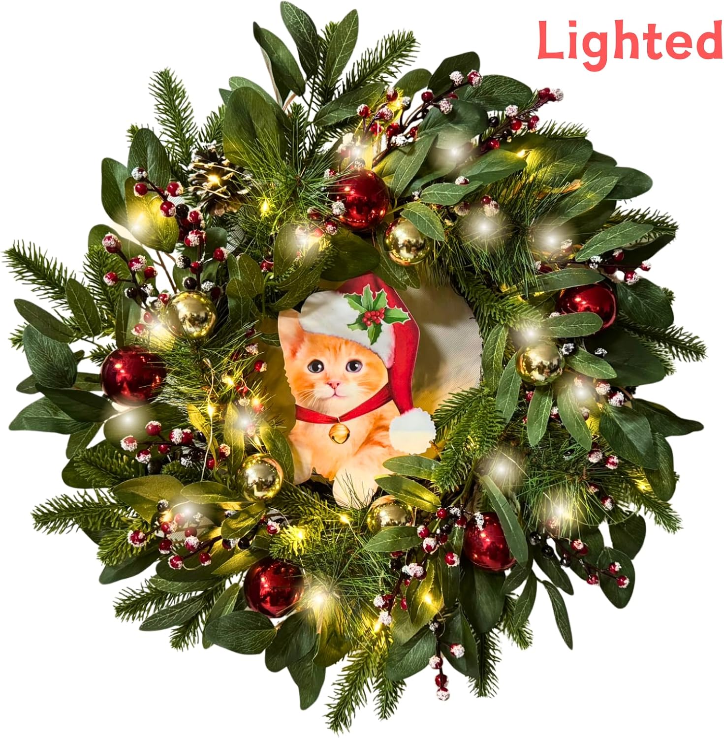 22 Inch Lighted Christmas Cat Wreath with Timer and Flashing Lights, additional listing view 2