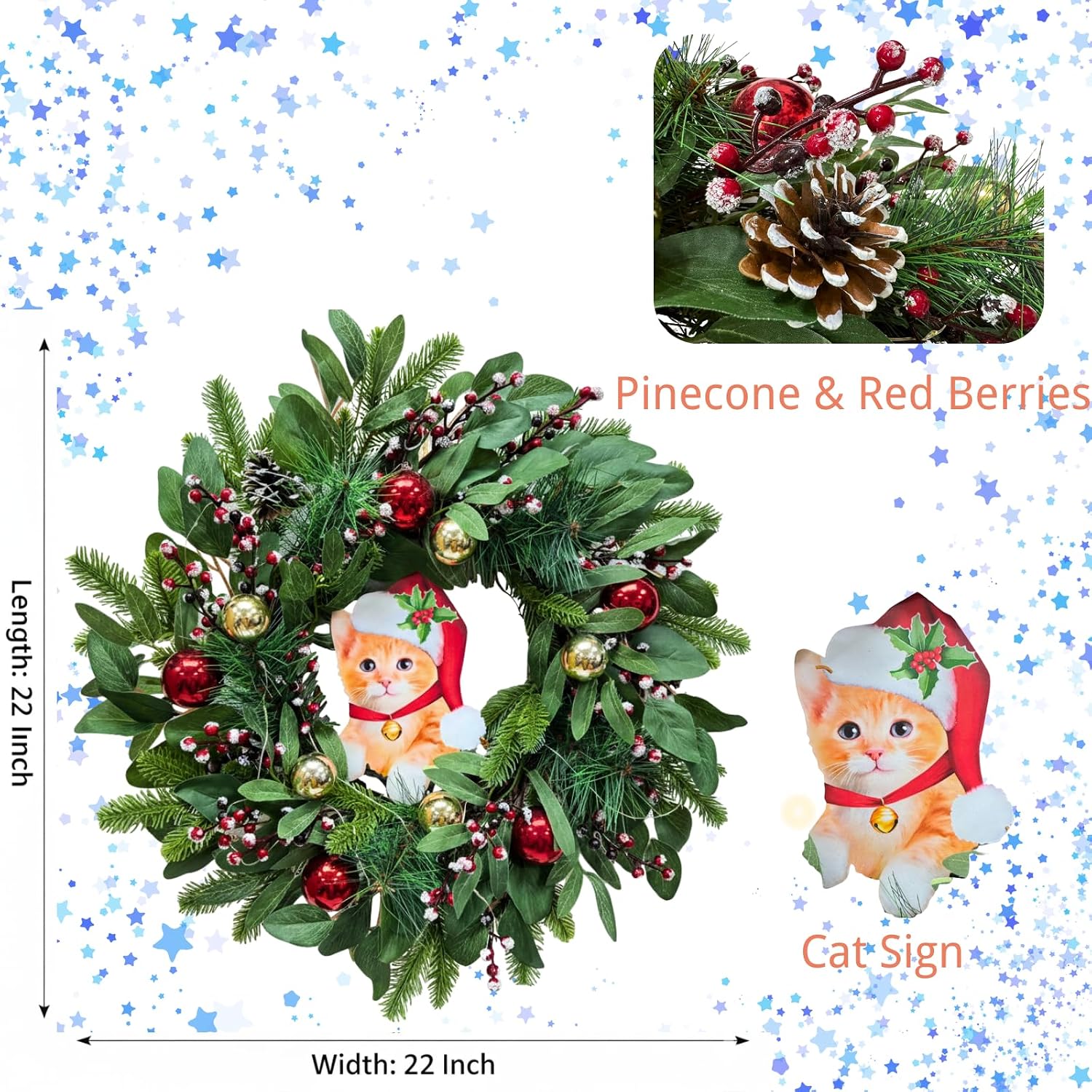 22 Inch Lighted Christmas Cat Wreath with Timer and Flashing Lights, additional listing view 3