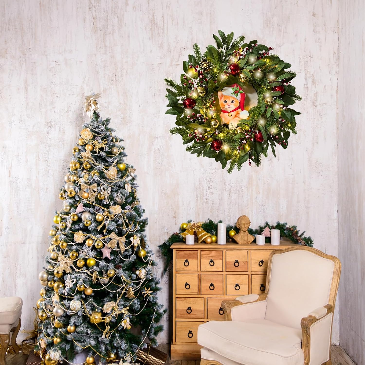 22 Inch Lighted Christmas Cat Wreath with Timer and Flashing Lights, additional listing view 4