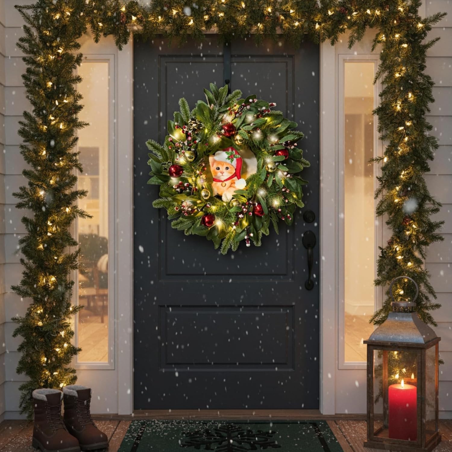 22 Inch Lighted Christmas Cat Wreath with Timer and Flashing Lights, additional listing view 5