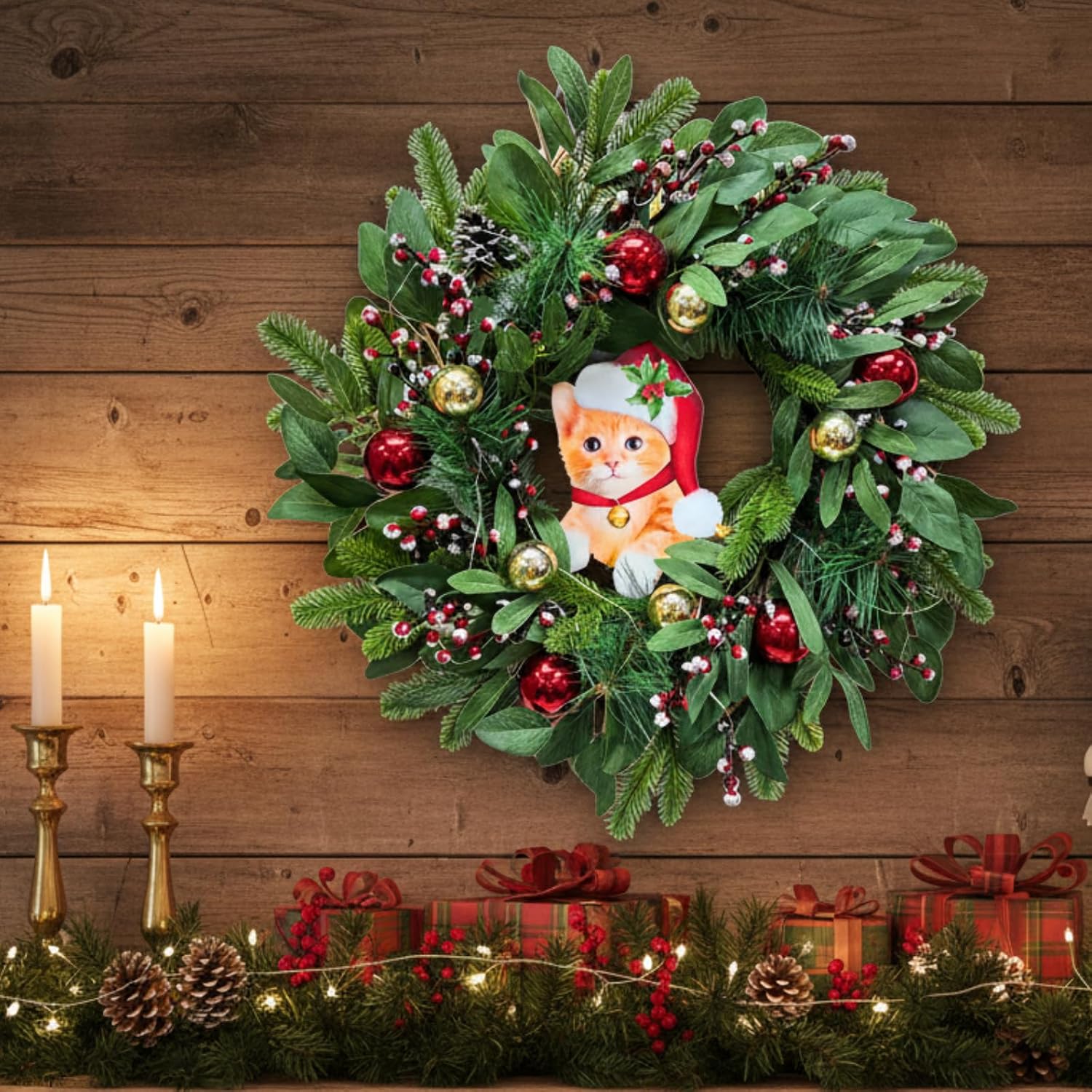 22 Inch Lighted Christmas Cat Wreath with Timer and Flashing Lights, additional listing view 6