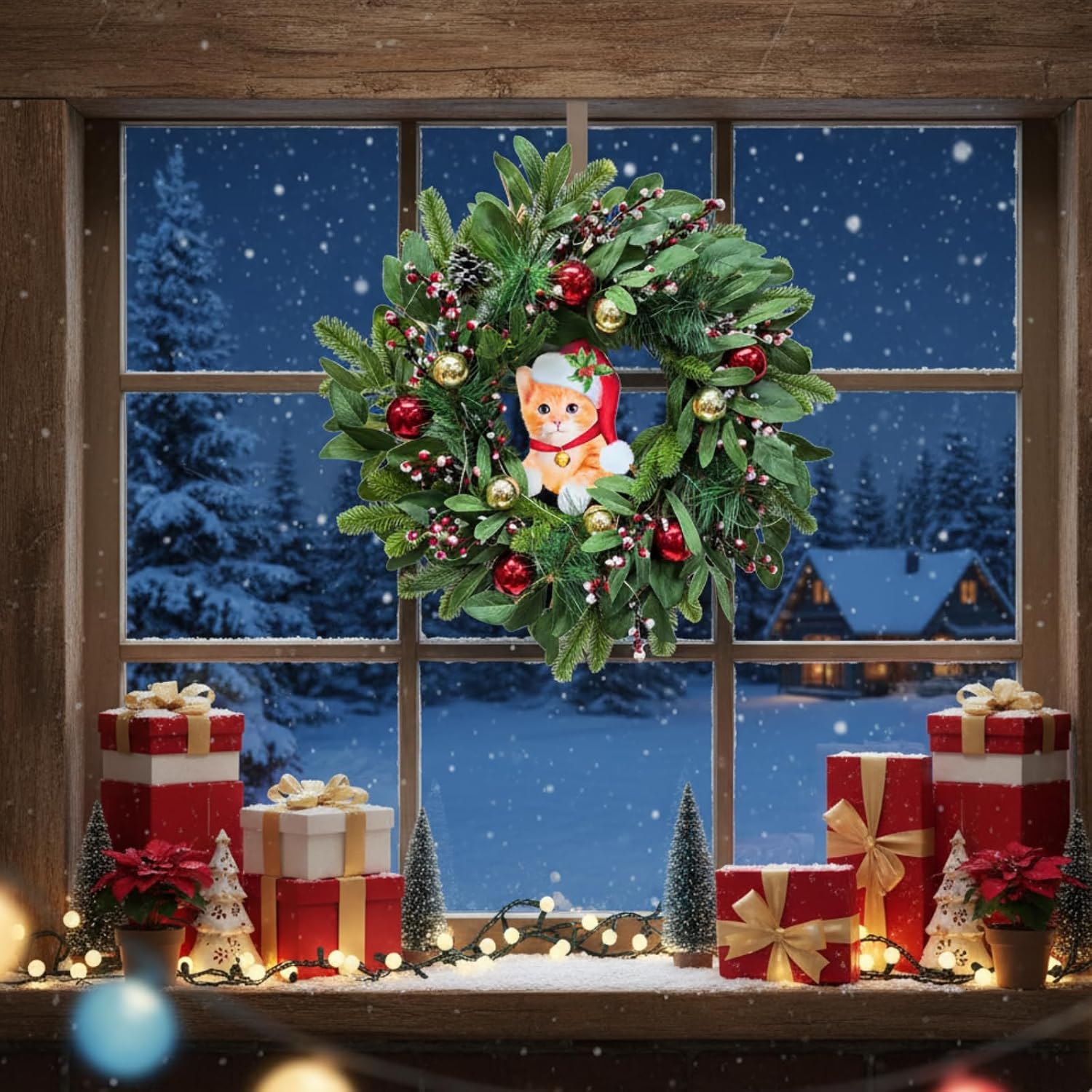 22 Inch Lighted Christmas Cat Wreath with Timer and Flashing Lights, additional listing view 7