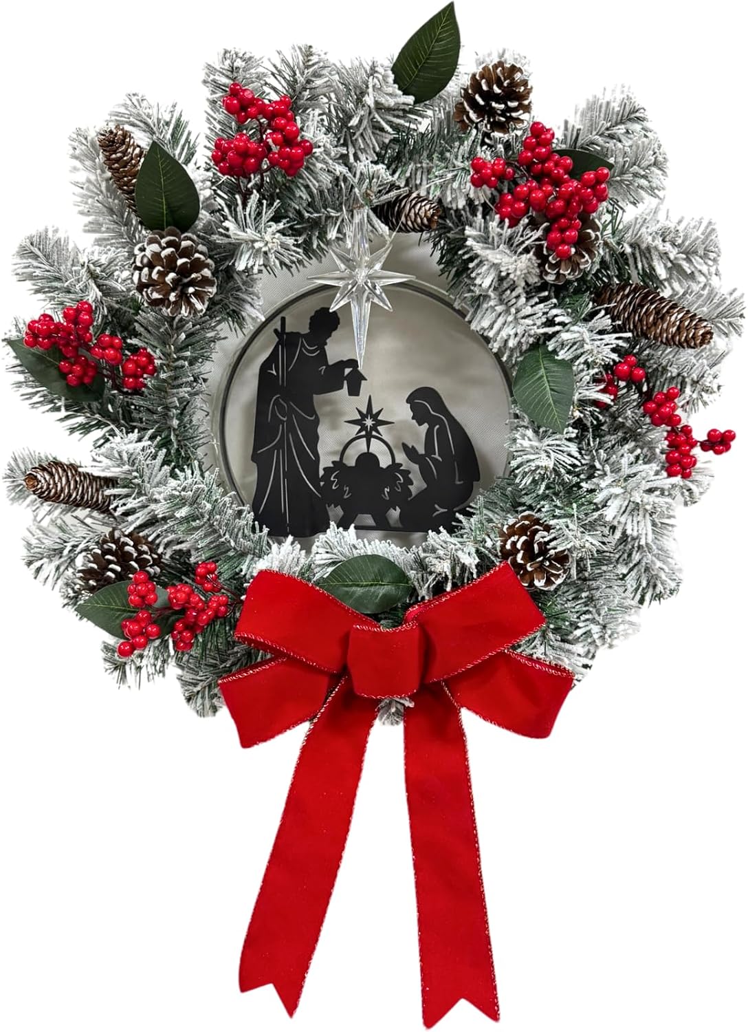 22 Inch Lighted Christmas Wreath with Nativity Silhouette and Bow, main product view