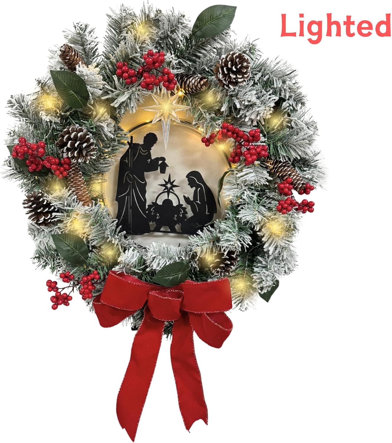 22 Inch Lighted Christmas Wreath with Nativity Silhouette and Bow, additional listing view 2