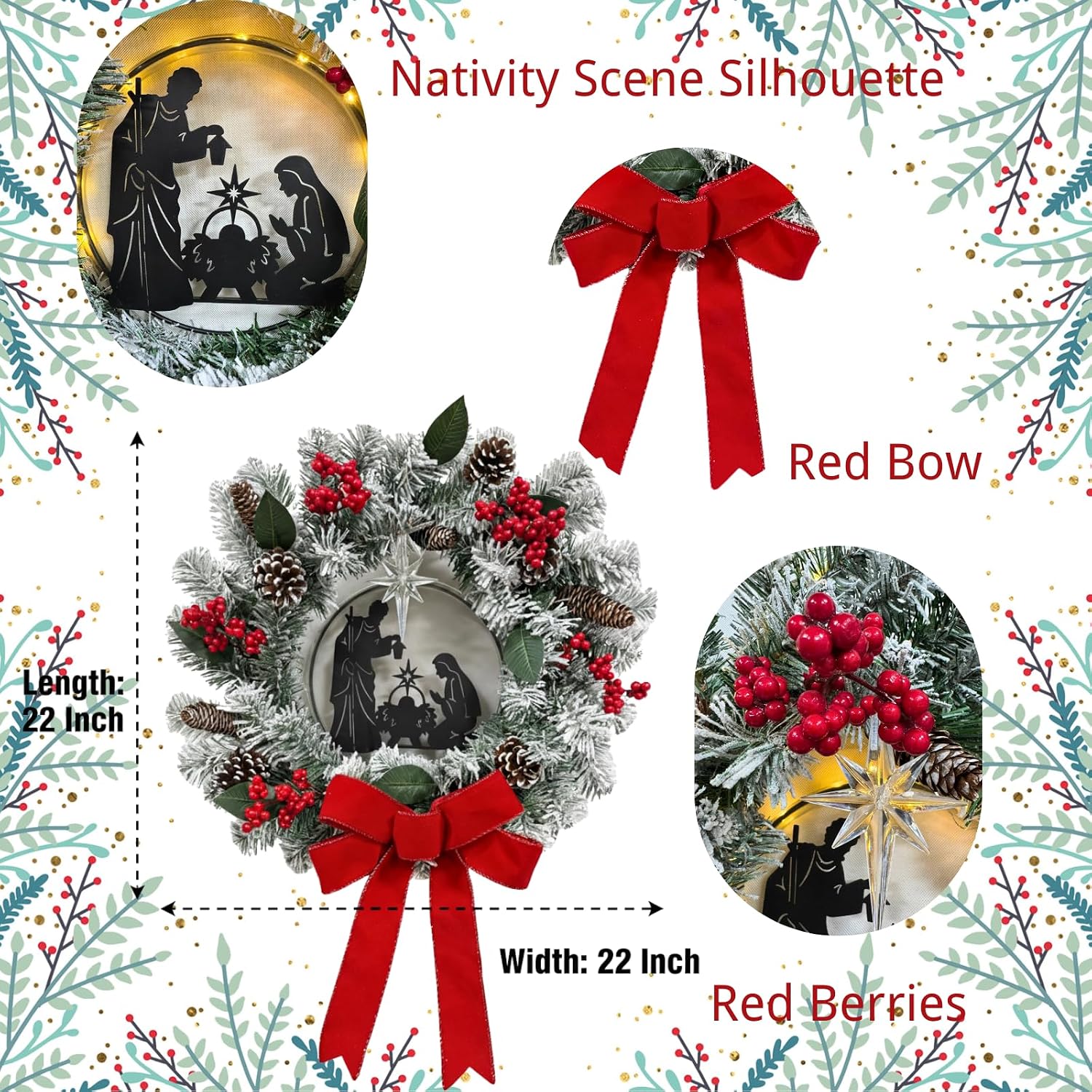 22 Inch Lighted Christmas Wreath with Nativity Silhouette and Bow, additional listing view 3