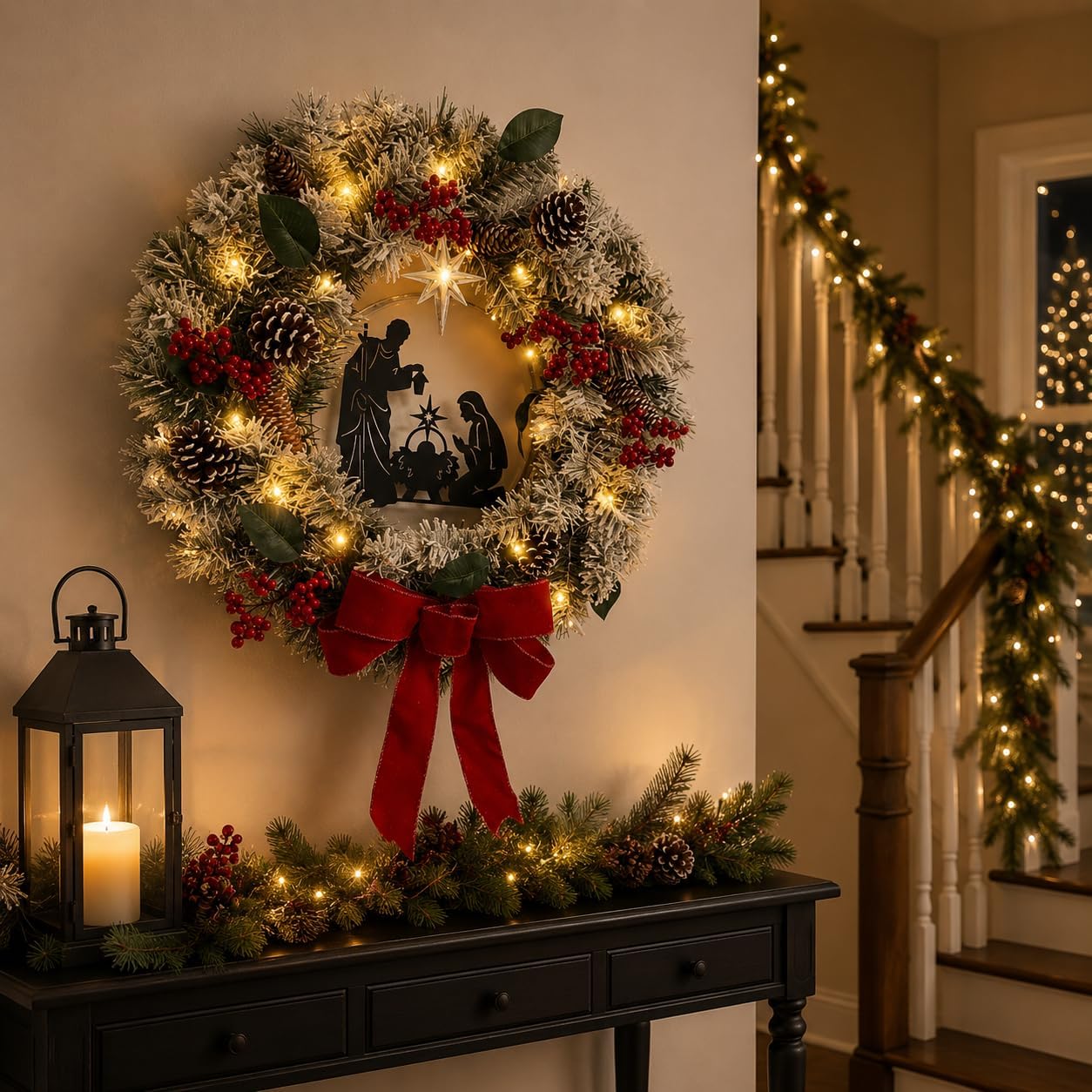 22 Inch Lighted Christmas Wreath with Nativity Silhouette and Bow, additional listing view 4