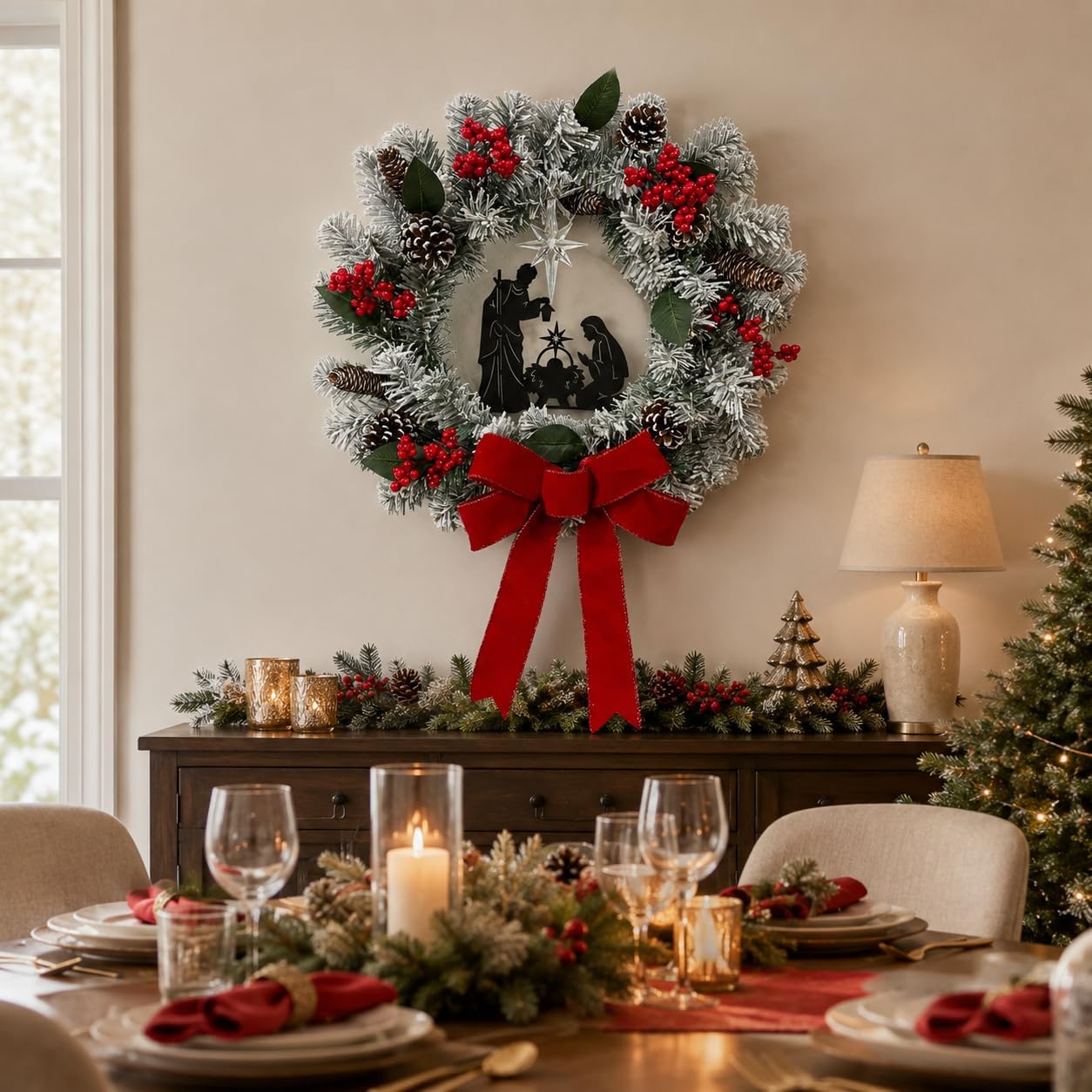 22 Inch Lighted Christmas Wreath with Nativity Silhouette and Bow, additional listing view 5