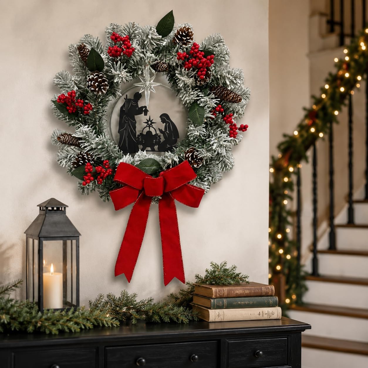 22 Inch Lighted Christmas Wreath with Nativity Silhouette and Bow, additional listing view 6