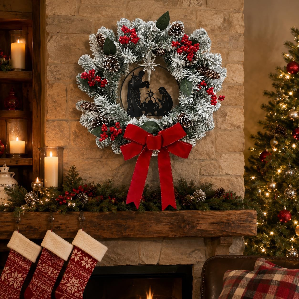 22 Inch Lighted Christmas Wreath with Nativity Silhouette and Bow, additional listing view 7