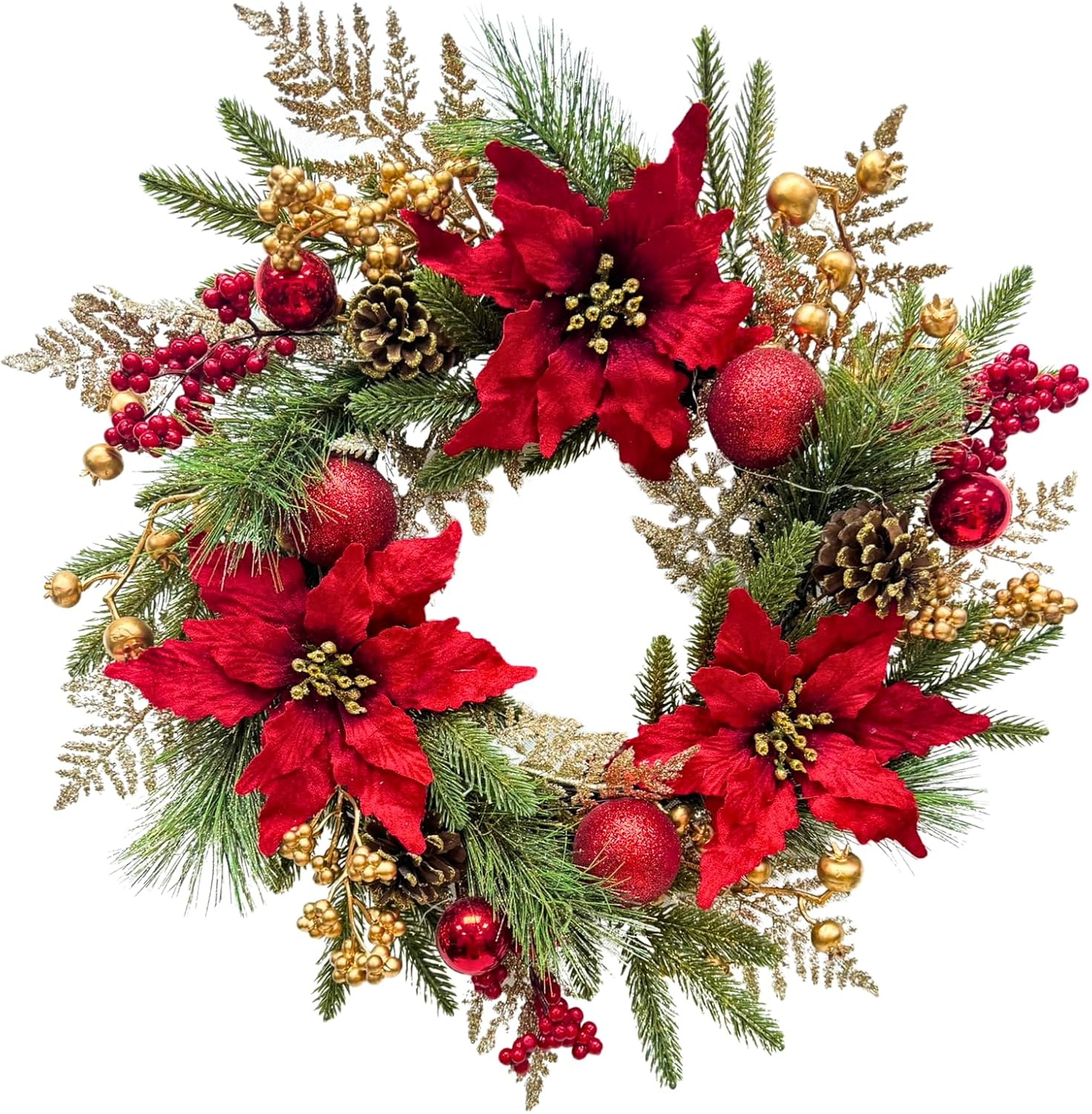 22 Inch Lighted Christmas Wreath with Red Poinsettia and Ornaments, main product view