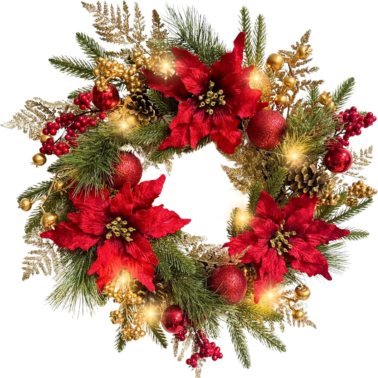 22 Inch Lighted Christmas Wreath with Red Poinsettia and Ornaments, additional listing view 2