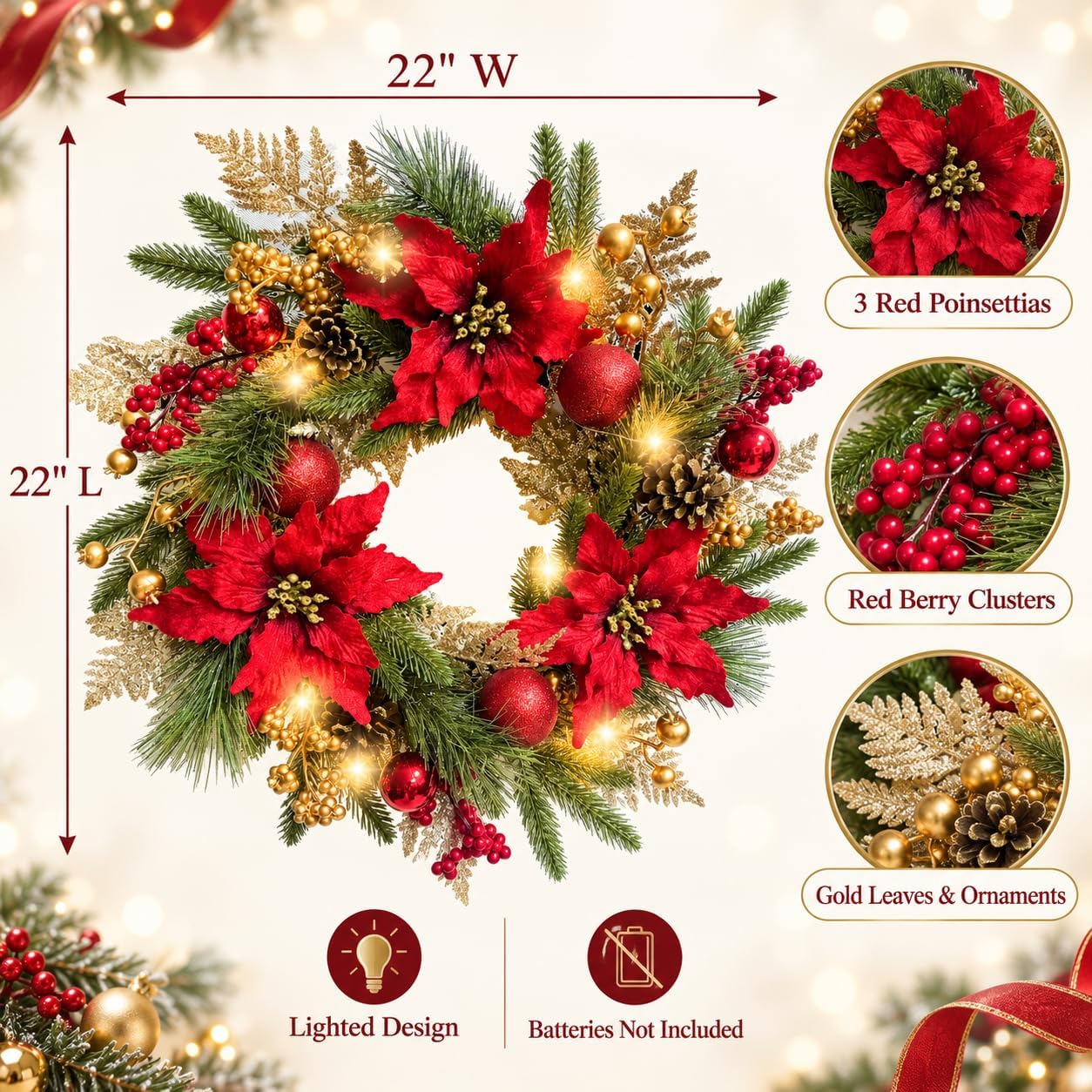 22 Inch Lighted Christmas Wreath with Red Poinsettia and Ornaments, additional listing view 3