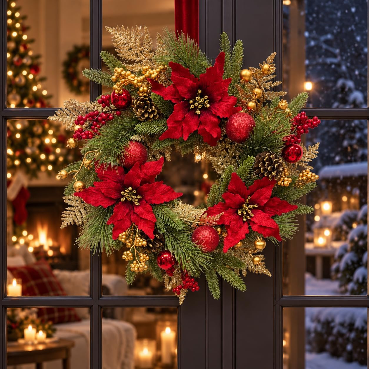 22 Inch Lighted Christmas Wreath with Red Poinsettia and Ornaments, additional listing view 4