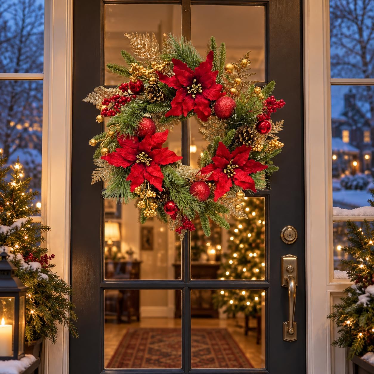 22 Inch Lighted Christmas Wreath with Red Poinsettia and Ornaments, additional listing view 5