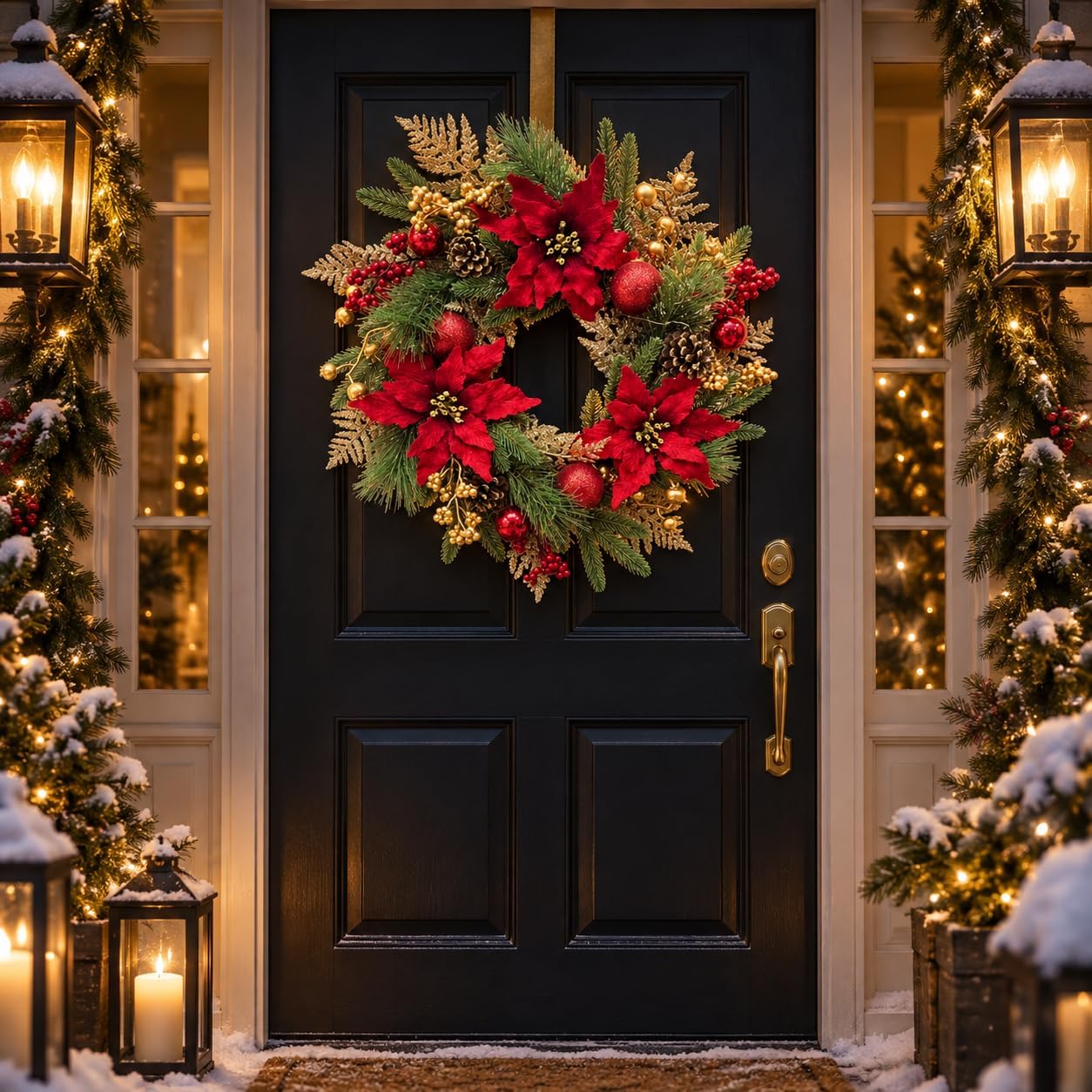 22 Inch Lighted Christmas Wreath with Red Poinsettia and Ornaments, additional listing view 6