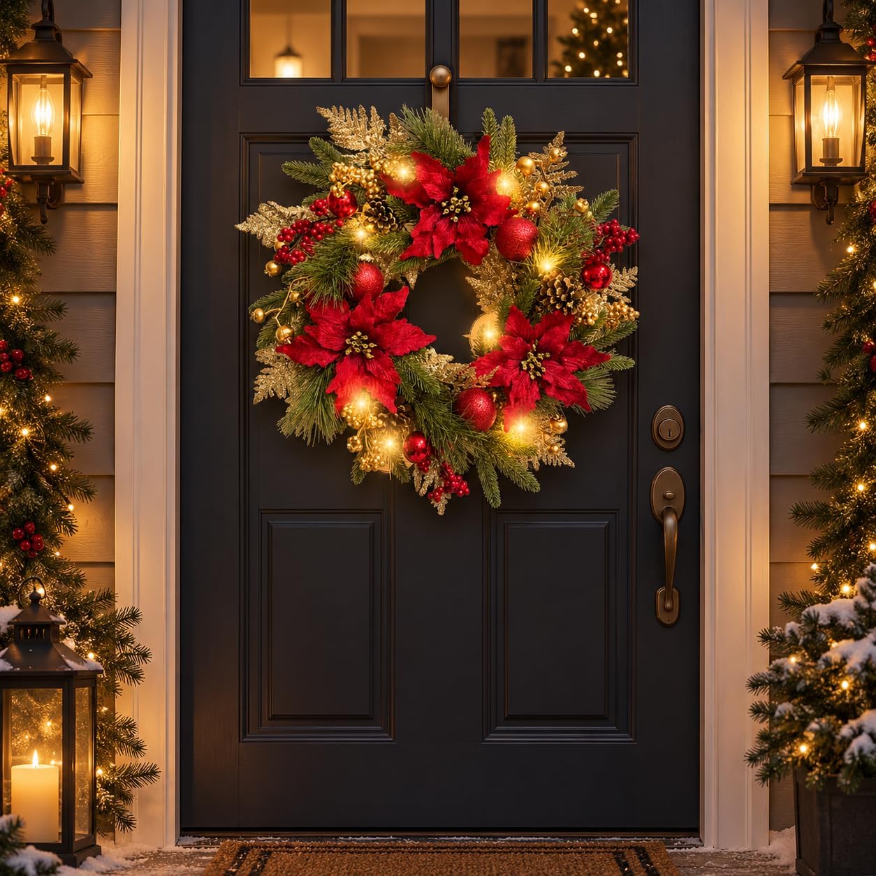 22 Inch Lighted Christmas Wreath with Red Poinsettia and Ornaments, additional listing view 7