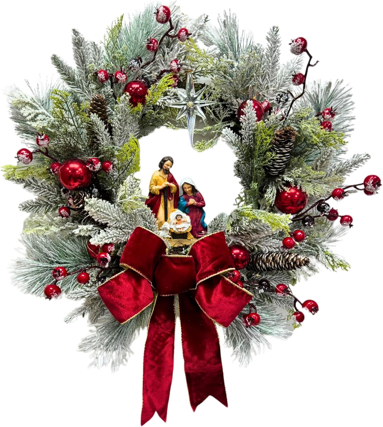 22 Inch Lighted Christmas Wreath with Timer and Nativity Scene, main product view