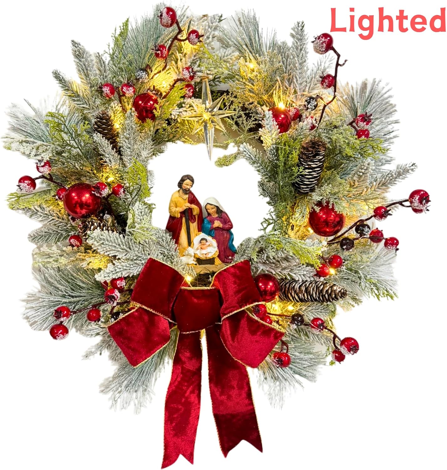 22 Inch Lighted Christmas Wreath with Timer and Nativity Scene, additional listing view 2