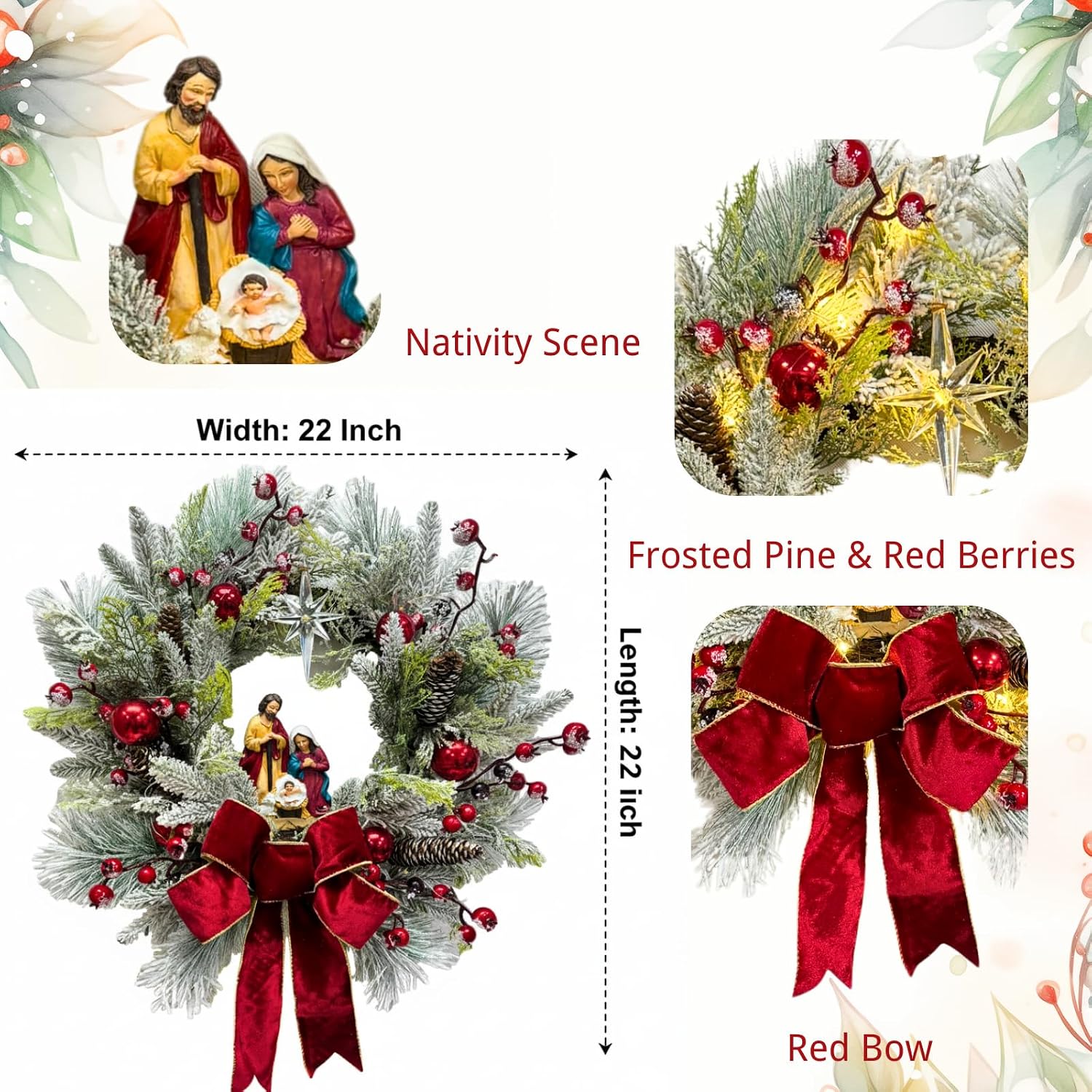22 Inch Lighted Christmas Wreath with Timer and Nativity Scene, additional listing view 3
